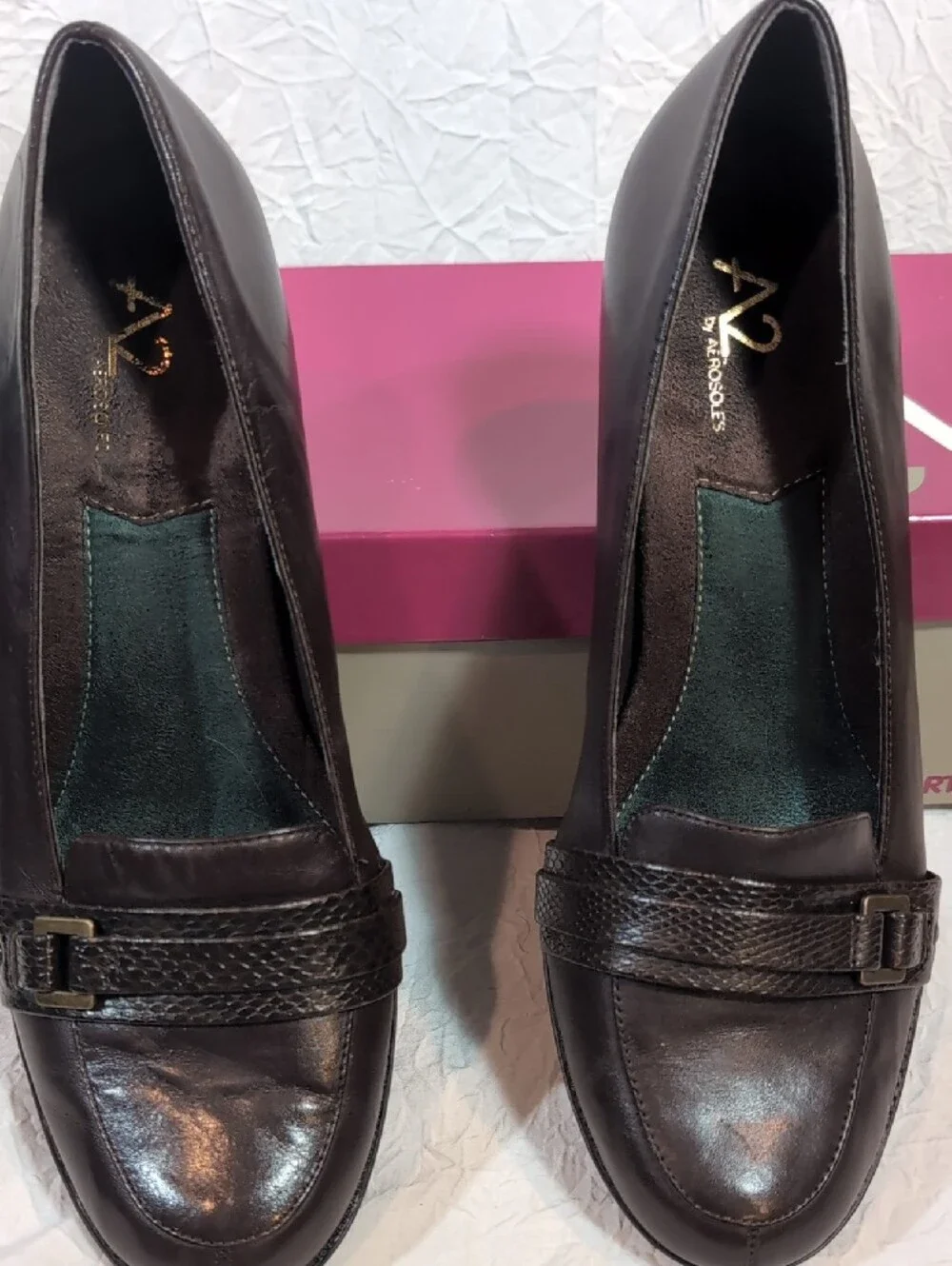 A2 By Aerosiles 9 1/2 Brown Leather Slip-On Loafers with Decorative Strap